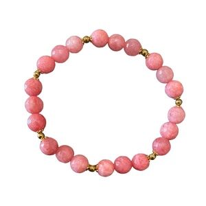 Pink Dyed Jade Stretch Bracelet – Faceted Round Beads with Gold Tone Spacers